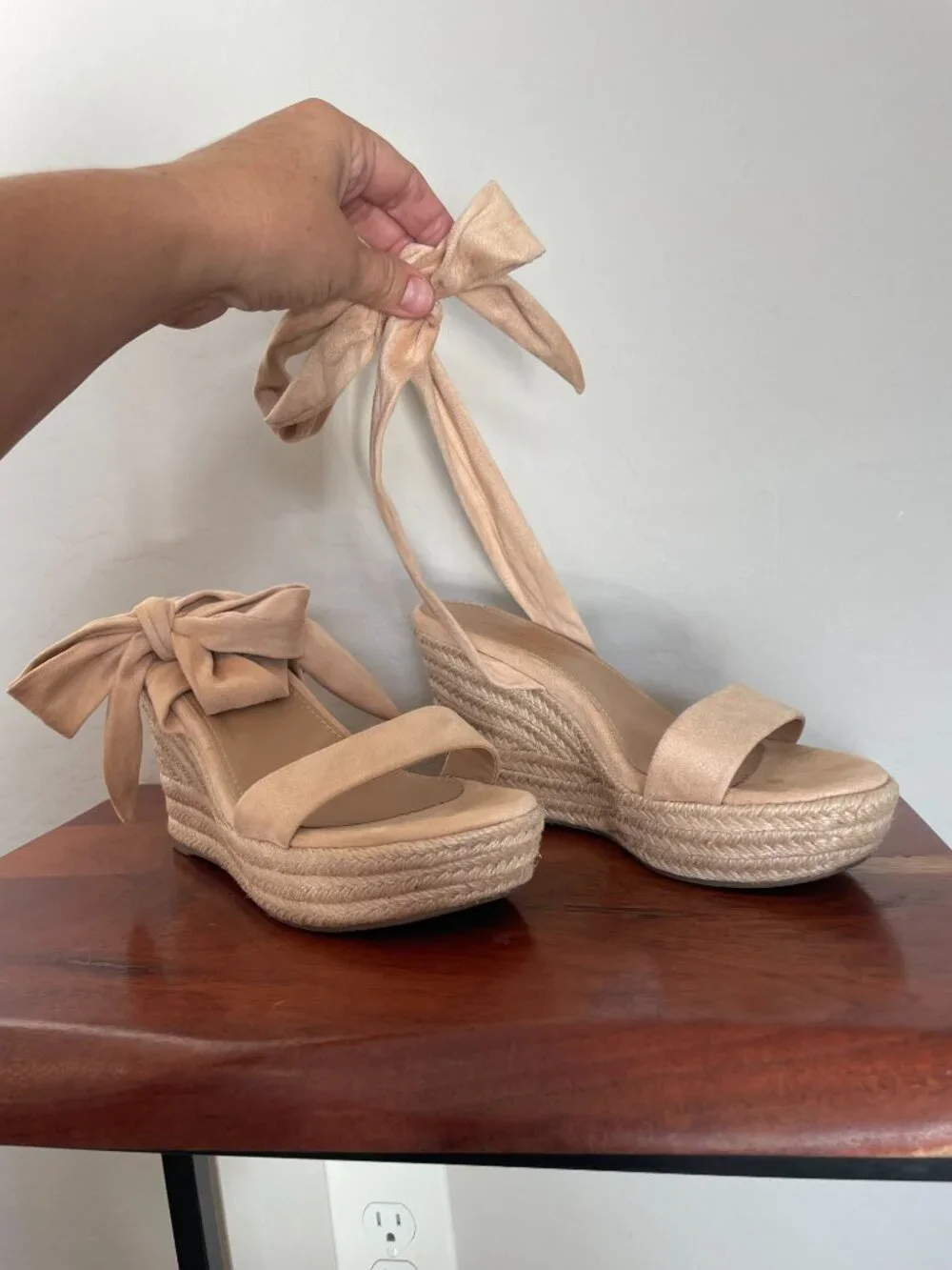 DREAM PAIRS Womens Open-Toe Espadrilles Wedges Tie Up Ankle Strap (Nude Color)